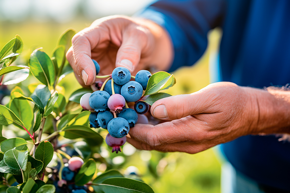 Hands harvesting ripe blueberries on a plant.
